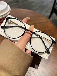 1 pieza Gafas decorativas de montura redonda con lentes transparentes, de moda y casual, unisex - Negro - Ver 1