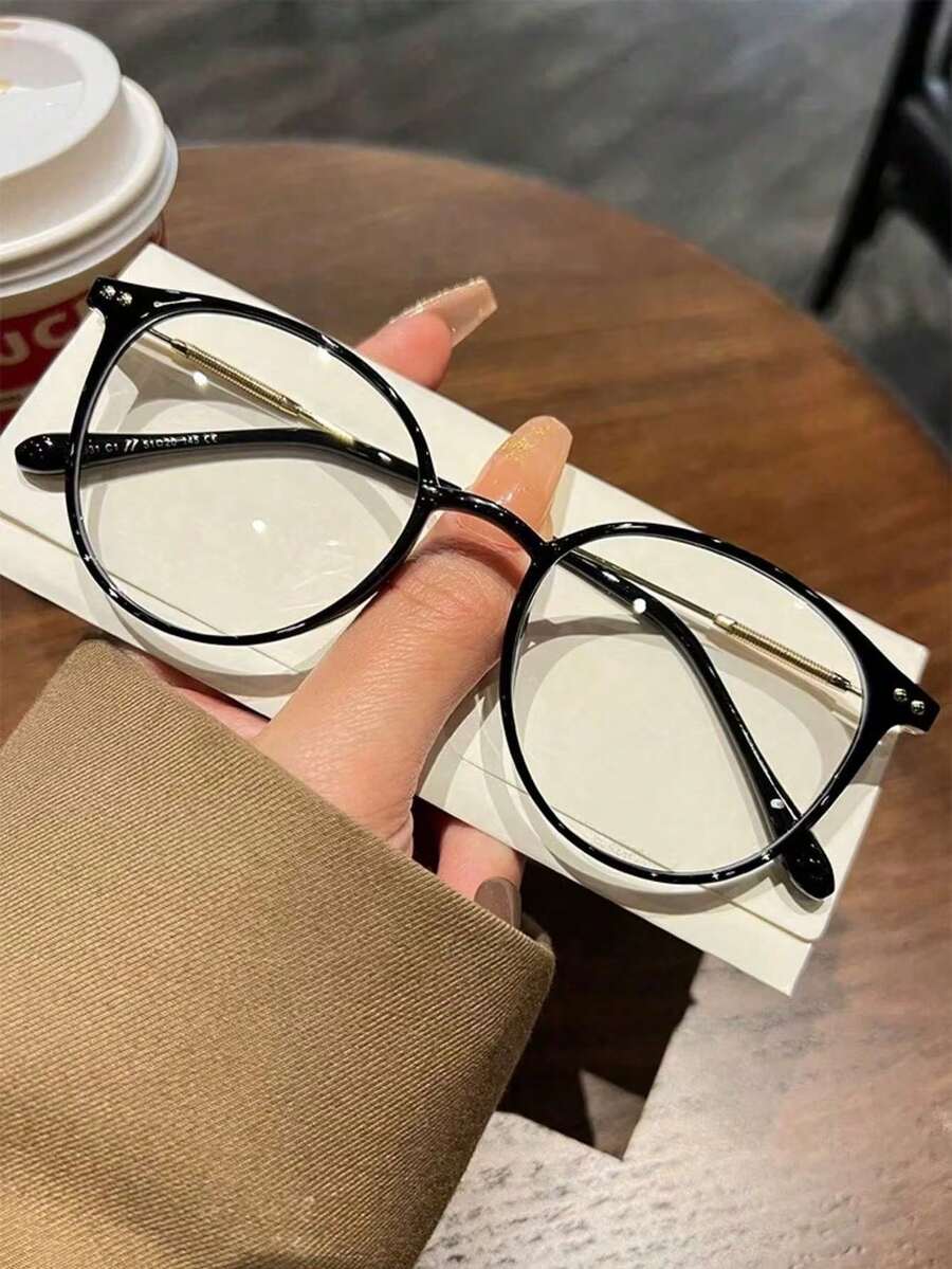 1 pieza Gafas decorativas de montura redonda con lentes transparentes, de moda y casual, unisex - Negro - Ver 1