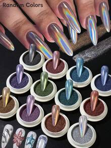 12 couleurs de poudre à ongles arc-en-ciel holographique, fine poussière de paillettes multicolores holographiques de licorne arc-en-ciel, pour la conception d'ongles de salon et de DIY, fournitures pour ongles de mariage - Multicolore - Voir 1