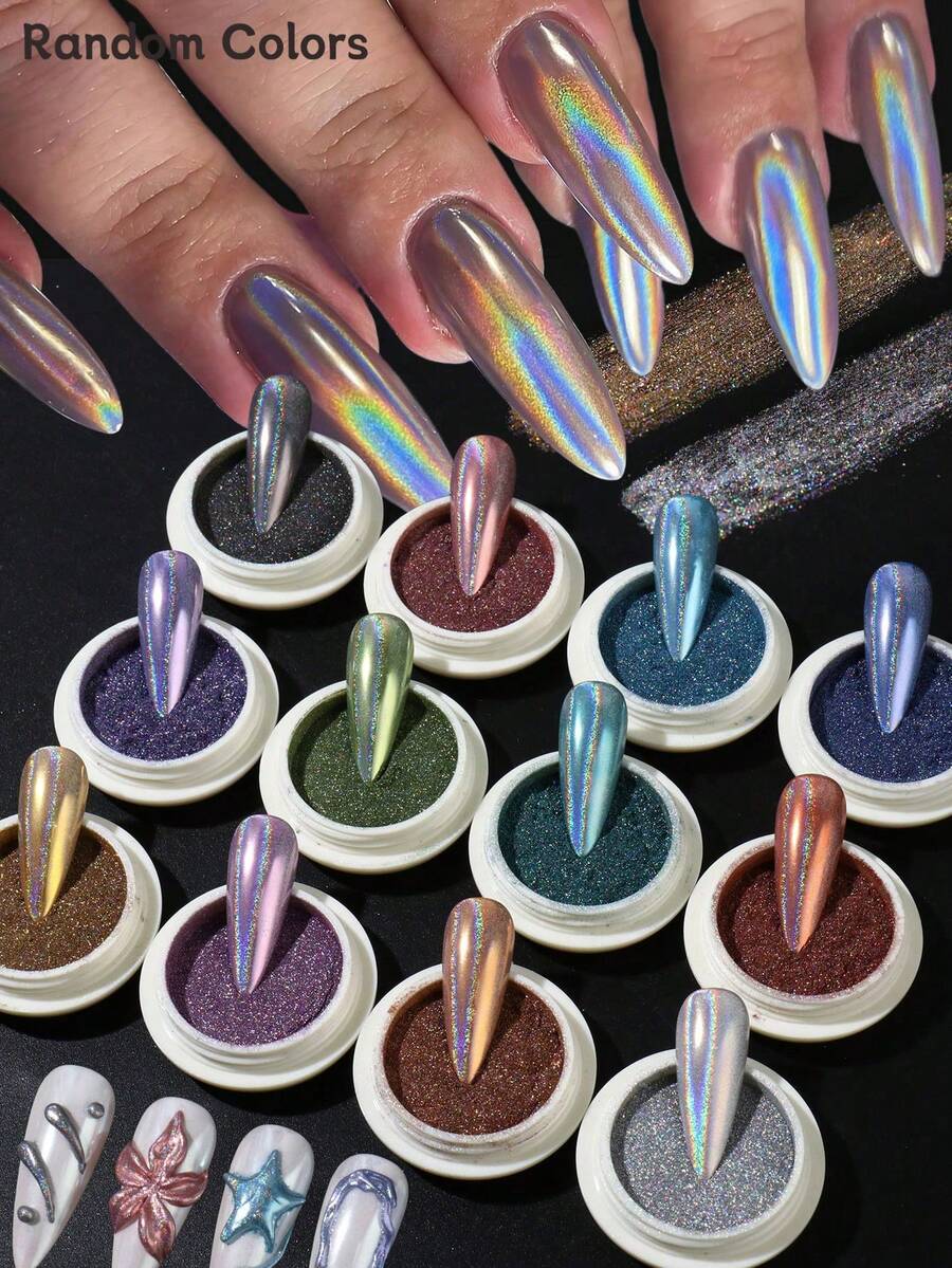 12 couleurs de poudre à ongles arc-en-ciel holographique, fine poussière de paillettes multicolores holographiques de licorne arc-en-ciel, pour la conception d'ongles de salon et de DIY, fournitures pour ongles de mariage - Multicolore - Voir 1