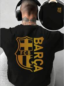 Men's Logo & Slogan T-Shirt - Officially Licensed Barcelona Football Club Jersey, Iconic Camp Nou Emblem & Mascot Print, Short Sleeve Casual Fan Apparel For Training, Games & Casual Attire - màu đen - Xem 1