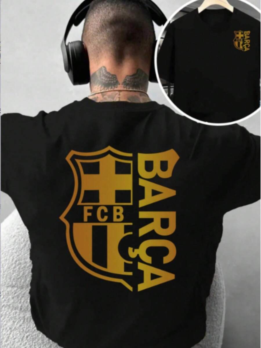 Men's Logo & Slogan T-Shirt - Officially Licensed Barcelona Football Club Jersey, Iconic Camp Nou Emblem & Mascot Print, Short Sleeve Casual Fan Apparel For Training, Games & Casual Attire - màu đen - Xem 1