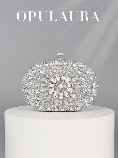 OpulAura Women's Luxury Sparkling Crystal Mini Box Clutch Bag, Glittering Diamond Evening Bag For Formal Occasions, Fashion Party/Wedding/Gala Handbag With Chain