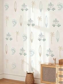 夏季冲浪主题墙贴 | 海浪、冲浪板、海滩小屋房间装饰贴纸、棕榈树和太阳墙贴，适用于儿童房，可移除乙烯基自粘贴纸，哑光表面 - 彩色 - 查看 7