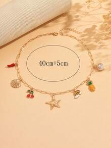 1pc Summer Fashionable Multi-Element Pendant Necklace, Featuring Starfish, Seashell, Cherry, Pineapple, Rainbow, Chili Pepper Charms, Suitable For Women's Daily Wear, Beach Party, Music Festival, Handmade Length Adjustable - Multicolor - View 4