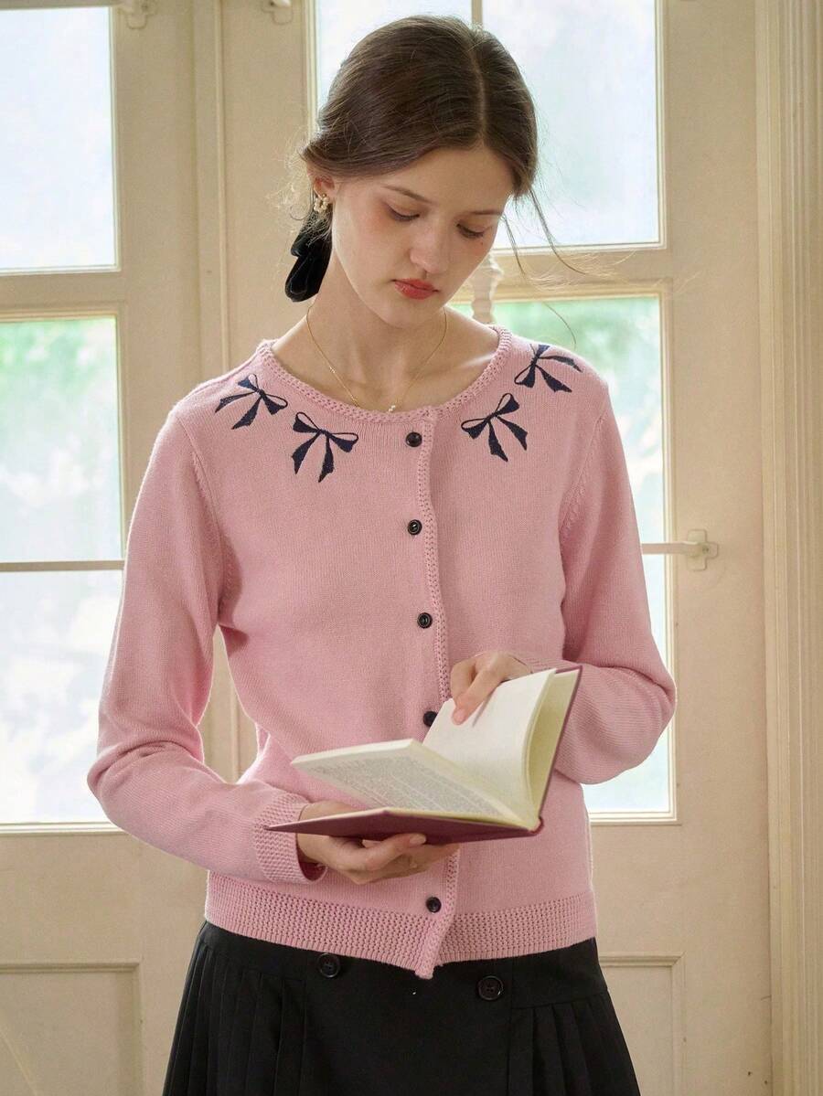 Cárdigan de manga larga con cuello redondo, estilo casual de primavera, con bordado de contraste, elegante, de moda retro y temperamento suelto para mujeres jóvenes - Rosa - Ver 1