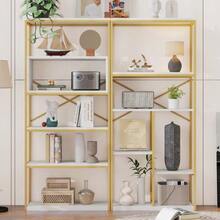 Modern Minimalist Style Shelf Measuring 160 X 29.5 X 180 Cm, Made Of Steel Tubes And MDF, Stable Rectangular Structure, Gold And White Colour, Easy To Assemble And Clean. - 1PC - 查看 1
