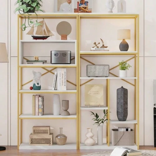 Modern Minimalist Style Shelf Measuring 160 X 29.5 X 180 Cm, Made Of Steel Tubes And MDF, Stable Rectangular Structure, Gold And White Colour, Easy To Assemble And Clean. - 1PC - 查看 1