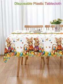 1pc Easter Disposable Tablecloth With Vivid Rabbit, Eggs And Wreath Pattern, Plastic Tablecloth For Easter Home Kitchen Dining Table Decor, Spring Theme Party Supplies, Family Gathering, Farmhouse Style, Size 220*130cm - Multicolor - View 8