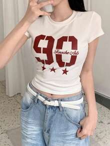 Y2K学院风“90”数字印花修身短款T恤，女款白色复古休闲上衣 - 白色 - 查看 5