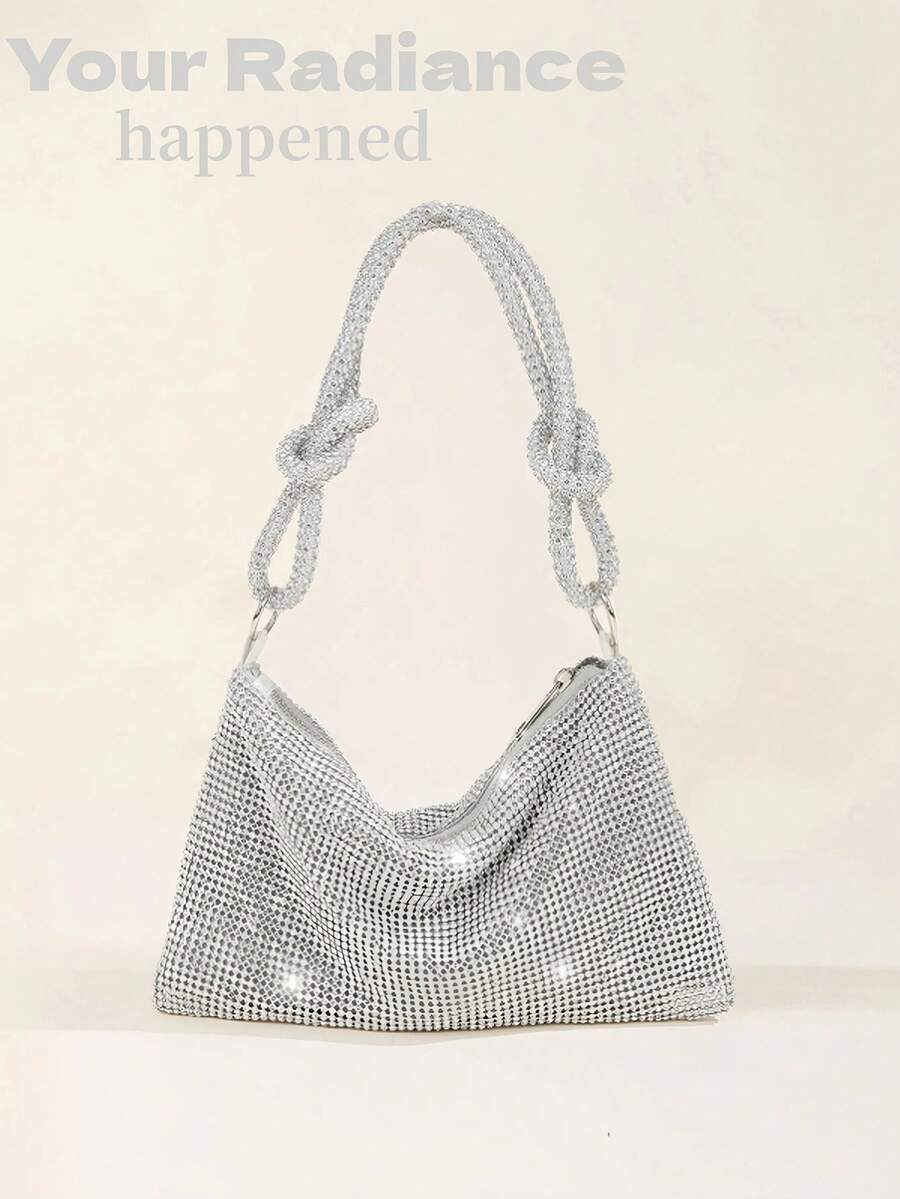 Rhinestone Decor Hobo Bag, 2026 Sparkling Rhinestone Hobo Bag For Women – Glitter Mesh Shoulder Bag With Knot Handle, Silver Crystal Evening Clutch, Y2K Aesthetic Party Purse, Versatile Crossbody Bag For Prom, Wedding & Night Out, Luxury Statement Accessory, US Fast Delivery,Perfect Bride Purse For Wedding, Prom & Party Events - 銀色 - 查看 1