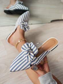 Breezelady Blue And White Striped Bow, Pointed Toe, Half-Slipper, Women's Summer Fashion Mules - Xanh và trắng - Xem 7