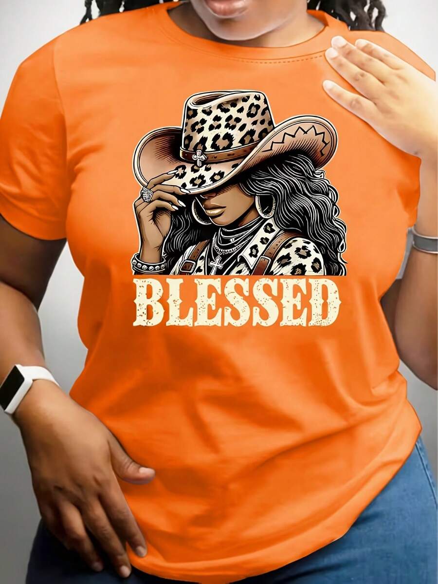 Women's Plus Size Casual T-Shirt With Leopard Print, Round Neck Short Sleeve Top For Casual Attire, Versatile Gift Item | Playful Graphic Tee | Comfortable Fit, Women's Spring & Fall Top For Daily Wear - 珊瑚橙 - 查看 1