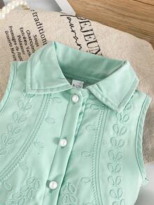 2pcs Baby Girls Elegant Embroidered Pearl Button Sleeveless Top And Minimalist Shorts Set, Fashionable Summer Outfit - Green - View 4