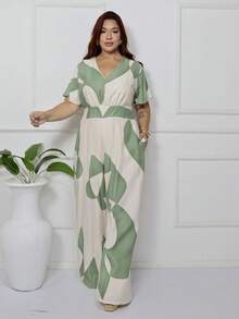 Women's Plus Size Printed Long Jumpsuit, Wide Leg, Short Sleeve, V-Neck, Front Gathering, Comfortable - Olive Green - View 3