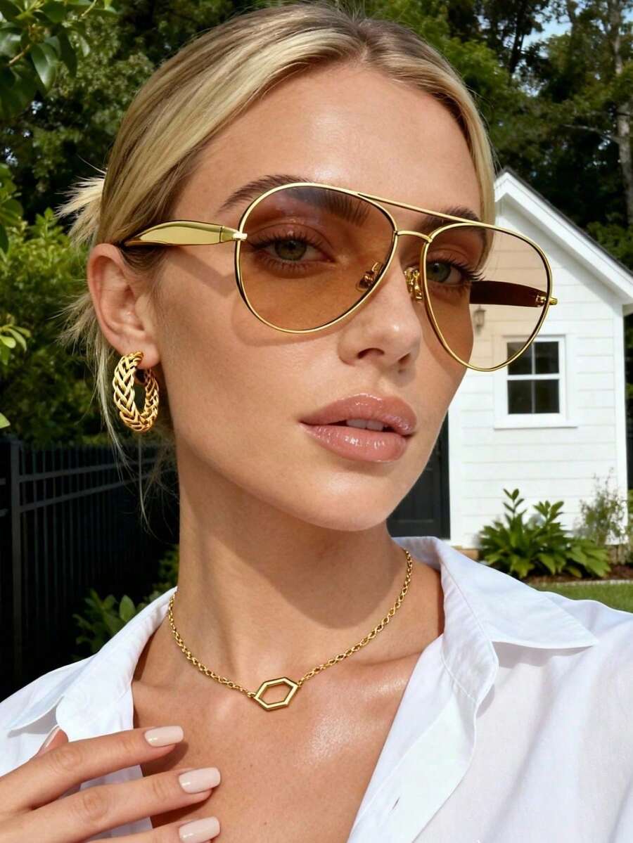 1 Pair Large Frame Metal Retro Fashion Glasses - Champagne - View 1