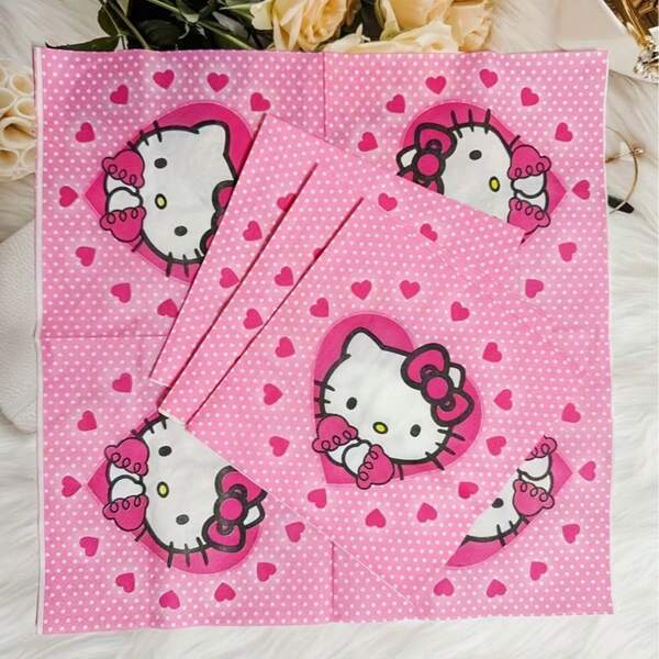 SANRIO [Licenciado] Conjunto de 20 guardanapos com tema de gatinho de desenho animado, pratos de papel descartáveis, guardanapos e toalha de mesa para festa de aniversário, adequados para diversas festas e decorações de aniversário.
