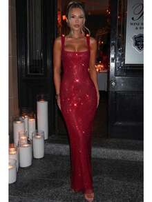Fashionable Socialite, Mature Lady Style, Slim Fit, Slimming Street Party, Sexy Shoulder Strap, Sequin Mesh Diamond Suspender Dress, Feminine Temperament, Waist Cinching, Headband, Hip Bag Skirt - 紅色 - 查看 3