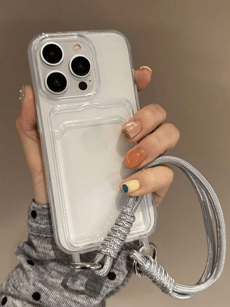 1 pieza Funda de teléfono con tarjetero transparente clásico con cordón, diseño minimalista y de moda, compatible con iPhone 17 Pro Max/16 Pro Max/13/15/16/15 Pro Max/17 Pro/14/11 - transparente - Ver 1