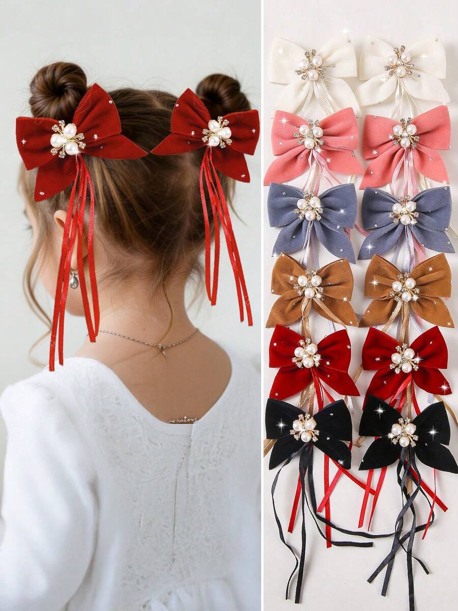 10 buc/set agrafe de păr cu fundă din catifea pentru fete, cu decor floral cu perle, ciucure, stras, accesorii elegante de păr pentru uz zilnic, Ziua Îndrăgostiților, Crăciun - Multicolor - Vizualizare 1