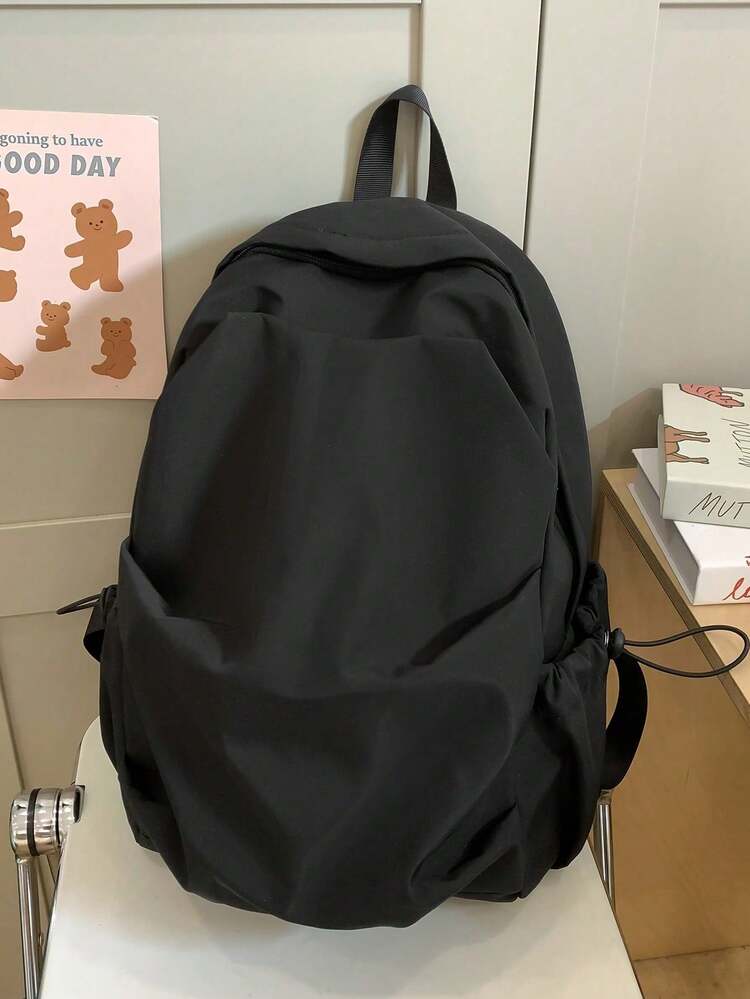 1 pieza Mochila de diseño con múltiples bolsillos, resistente al agua, de unicolor en nailon, ligera y casual, unisex, adecuada para el uso diario, compras, viajes, cabe portátil, gran regalo para jóvenes y estudiantes - Negro - Añade 5
