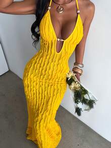 女士性感黄色深V领流苏长裙，露背设计，饰以琥珀色串珠，是海滩度假夏季优雅造型的理想之选。 - 黃色 - 查看 3
