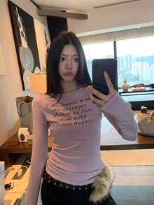 Casual Round Neck T-Shirt With English Letter Print, Fitted Silhouette, New Style Top - Purple - View 3