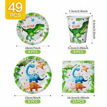 可爱恐龙一次性餐盘、餐巾纸、纸杯 - 一次性派对用品套装，可供 8 位客人使用，一次性纸盘适用于生日、婚礼、主题派对、家庭野餐 - 彩色 - 查看 2