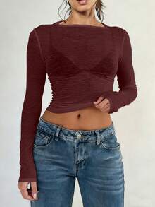 Y2K See-Through T-Shirts For Women Summer Stretchy Long Sleeves Round Neck Slim Sheer Sexy Beach Short Tops - Burgundy - View 1
