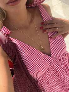 女士时尚通勤格子肩带腰部开衩无袖短款优雅连衣裙 - 紅色和白色 - 查看 3