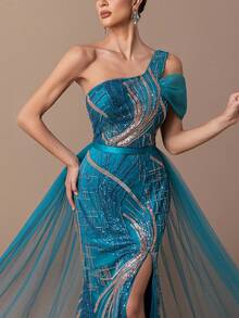 Faeriesty Wunderschönes einschultriges bodenlanges Abendkleid mit Perlenbesatz, asymmetrischer Tüllverzierung und hochgeschlitztem Meerjungfrauenrock - figurbetonter Schnitt für Sommerhochzeiten, rote Teppiche und elegante Partys - Taubenblau - Übersicht 4