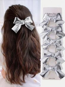 6pcs/Set Girls Silver Reflective Shiny Fabric Solid Bow Hair Clips, Minimalist Glossy Leather Lightweight Elegant Duck Clip Hair Accessories - Multicolor - View 8