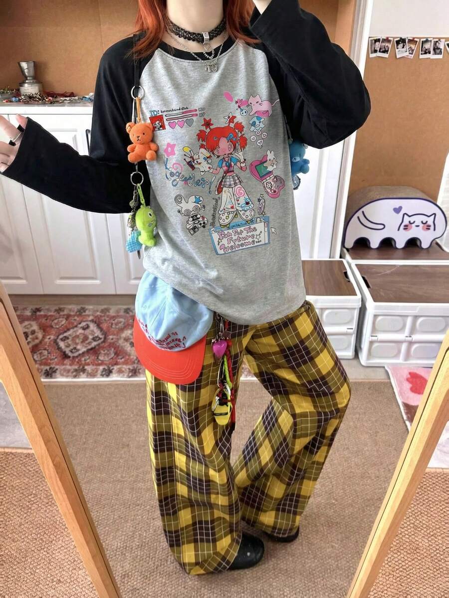 Y2K Cute Anime Girl Graffiti Print Raglan T-Shirt, Loose Fit Slimming Gray & Black Color Block Top For Women Spring Casual - Dark Gray - View 1