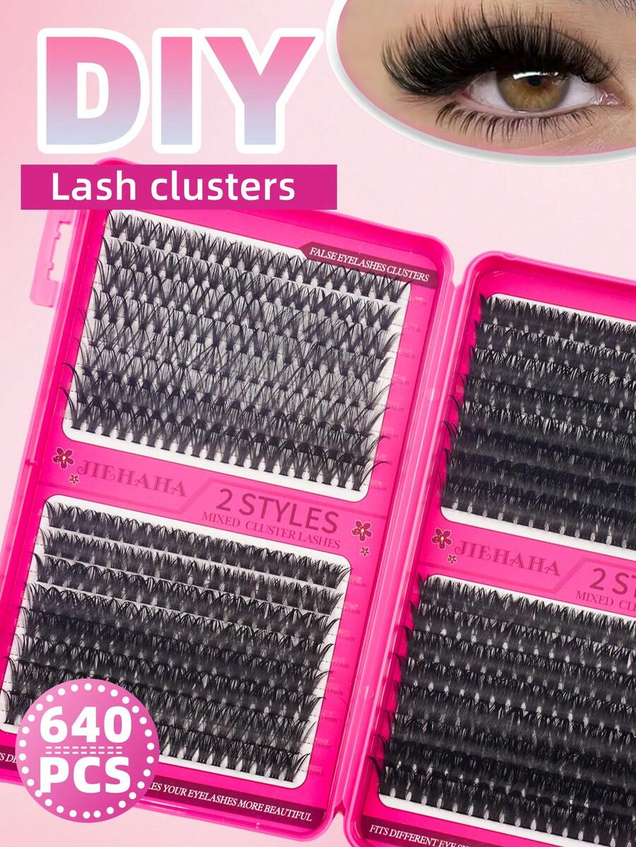640pcs D-Curl 50D+60D+80D+100D Lash Clusters, 8-16mm, Natural Look & Super Dense, Smart, Super Soft & Lightweight, Reusable Individual Lashes, Suitable For Beginners, Daily Use, Wedding, Date, Party, Music Festival, Halloween Lash Clusters, Lash Clusters, Individual Lashes, False Lashes - Black - View 1