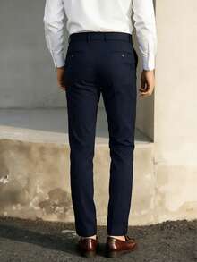 1 条男士经典商务正装裤，全年纯色略有弹性，直腿常规版型西装裤 - 藏蓝色 - 查看 3