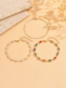3pcs/Set Summer Fashion Multi-Layer Stackable Gold Anklets, Charming Women's Beach Party Style Shiny Colorful Rhinestone & Faux Pearl Anklets, Suitable For Daily Wear And Seaside Vacation Travel, Handmade Chain Cut To Length, Rhinestone Color And Faux Pearl Count Random - Multicolor - View 2