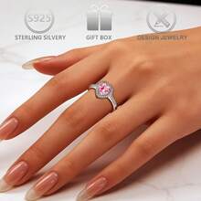1pc 925 Silver Cubic Zirconia Elegant Adjustable Pink Heart Ring, Suitable For Daily Casual, Party, Wedding, Valentine's Day Gift - Silver - View 5