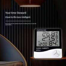 1pc HTC-2 LCD Electronic Hygrometer, Smart Digital Thermometer & Hygrometer - Weather Station Clock, Indoor Outdoor Temperature Sensor With Alarm Clock, Creative Dual Temperature Display Home Use Digital Thermometer Hygrometer With Alarm - Combo Version (HTC-2) - View 4