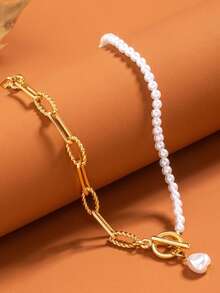 1 件时尚长珍珠链项链，复古风格个性化珍珠扣项链 - 金色 - 查看 7