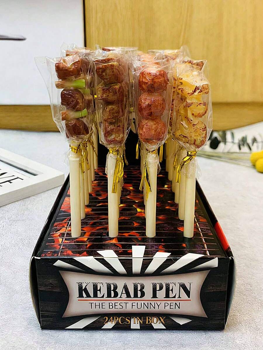 Set de 3 piezas/4 piezas Bolígrafo con forma de brocheta de barbacoa creativa, recambio de bolígrafo de 0.5 mm, bolígrafo de simulación de comida linda, regalo de papelería novedosa - Bolígrafo para brochetas de barbacoa - Ver 1