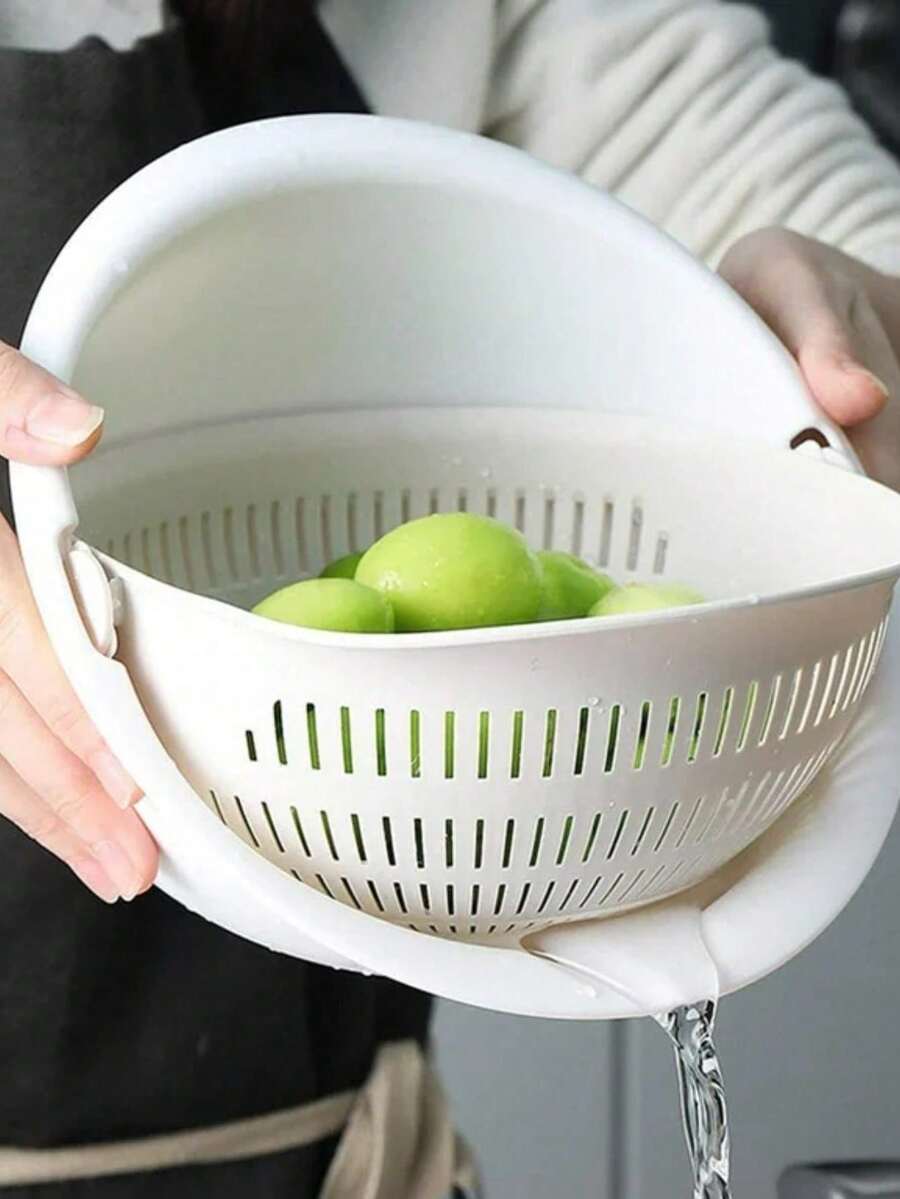 Double Layer Rotating Colander And Dryer, Combination Of Strainers For Lettuce, Vegetables, And Fruits - White - View 1