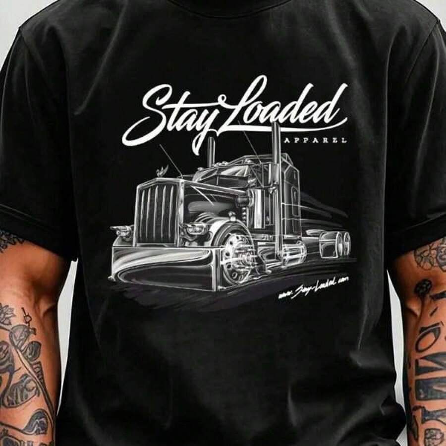 Camiseta de algodón negra con el patrón de camión Stay Loaded - Negro - Ver 1