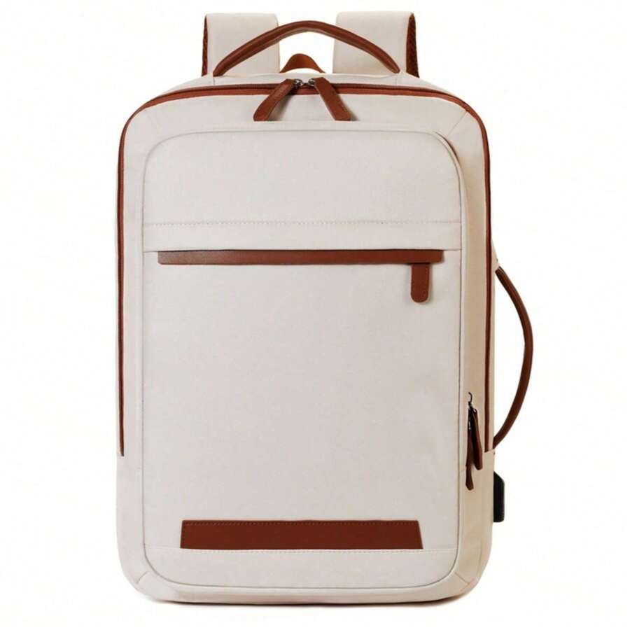 Mochila Unissex Expansível Impermeável Grande Capacidade Multifuncional Com Alças Ajustáveis Carregamento USB - Bege - Visão 1