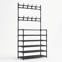 Rack Multifuncional 4 Prateleiras com Cabideiro Organizador de Roupas e Sapatos - Preto - Visão 12