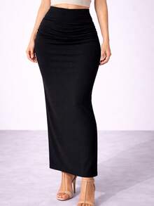 Long, Fitted Skirt With A Slit, Elegant Split Skirt, Midi Skirt With Elastic Waistband For Parties, Basic And Chic. - màu đen - Xem 1