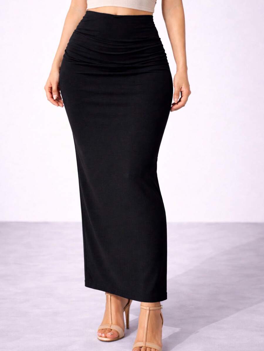 Long, Fitted Skirt With A Slit, Elegant Split Skirt, Midi Skirt With Elastic Waistband For Parties, Basic And Chic. - màu đen - Xem 1
