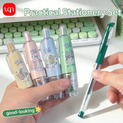 3 Green Office Gel Pens 0.5mm With Green Ink Refills, 2 Packs Cute Cartoon Retractable Glue Pens, Stylish Writing And Correction Set Suitable For The Back-To-School Season