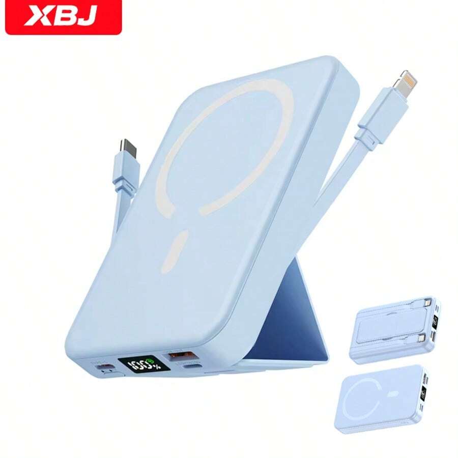 GAWFOLK 蓝色 10000mAh 移动电源,带支架和内置充电线 - 二合一磁吸无线充电站,可调节支架方便免提观看,支持苹果/安卓快速充电,是旅行、办公桌和床头柜的理想之选。适合冬季假期户外旅行/露营,也是应急备用电源,是送给家人、朋友、生日礼物或户外露营礼物的绝佳选择。 - 升級款附支架藍色 - 查看 1