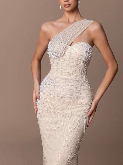 Faeriesty Vestido de noche de sirena con un hombro decorado con perlas para mujer - Un vestido elegante y formal, adornado con delicados bordados y una falda acampanada, adecuado para eventos de etiqueta negra, recepciones de bodas, grandes galas, ceremonias de premios y bailes benéficos.