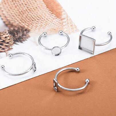 10pcs Stainless Steel Open Ring Base, Flat Blank Bezel Suitable For DIY Jewelry Making, Gemstone Setting